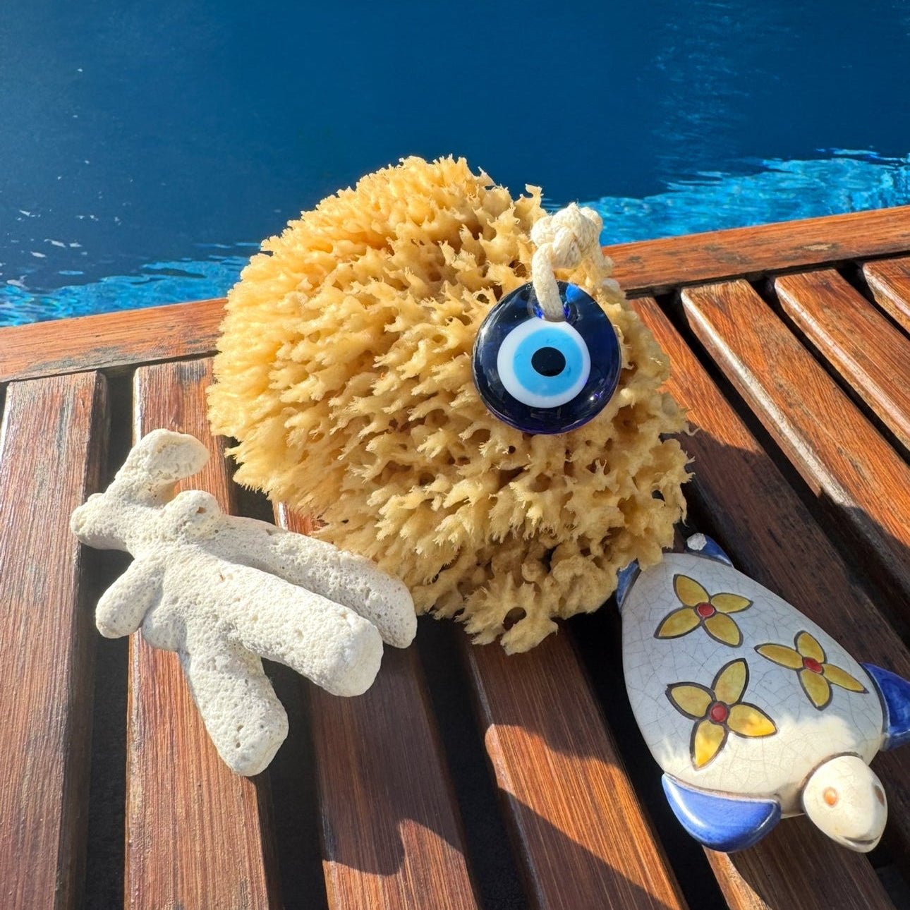 Mediterranean Sea Sponge + White Rope + evil eye Charm - Aqua Zoi
