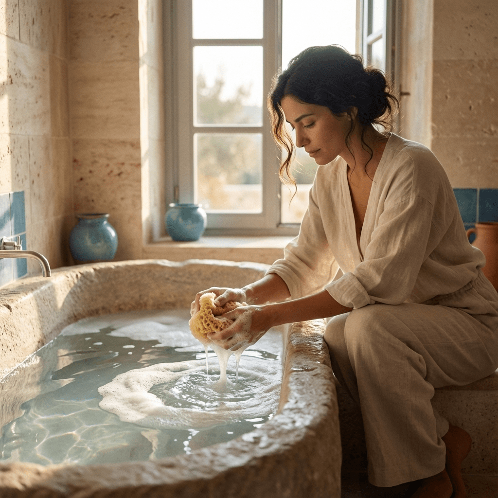 model squeezing a natural sea sponge over a bath full of water